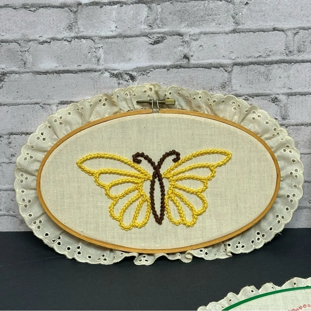 Butterflies Flower Needlepoint Handmade Art Framed Ruffles 3 Pieces Vintage
